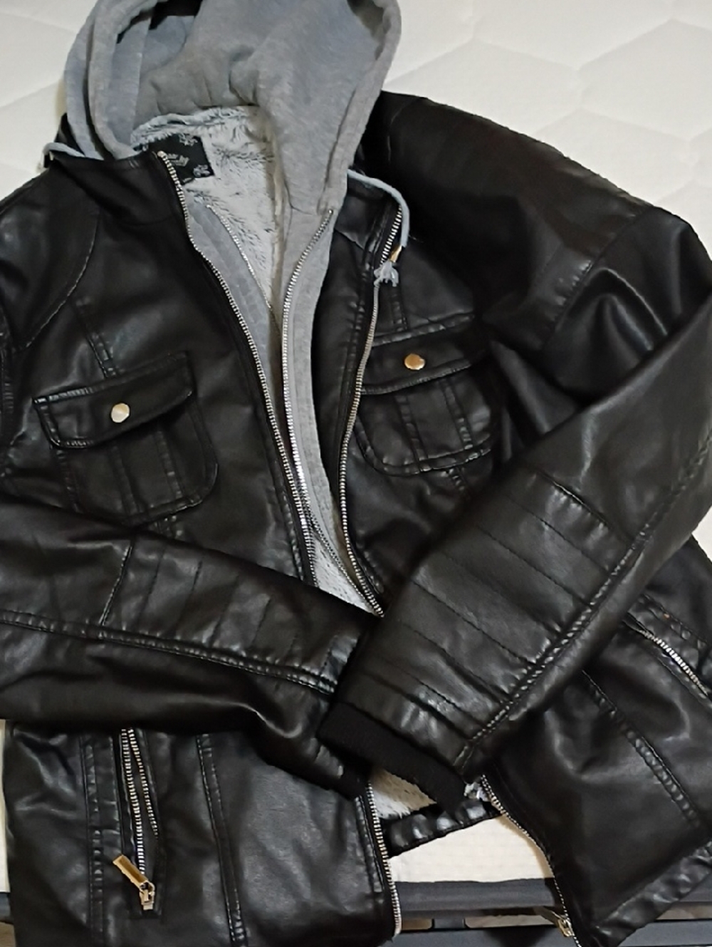 Royalty For Me Black Faux Leather Bomber Jacket with Gray Hood